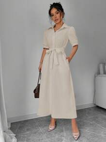 Selianne 纯色泡泡袖系带衬衫裙，适合夏季长款女装 - 杏色 - 查看 4