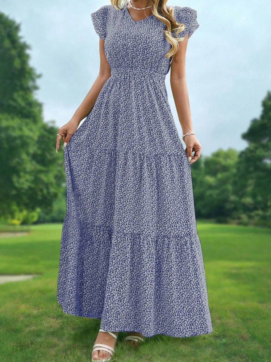 女士 V 领休闲度假花卉印花连衣裙