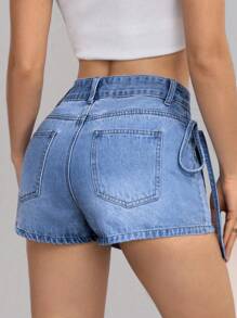 SHEIN EZwear High Waist Knot Side Denim Skort For Summer - Medium Wash - View 2