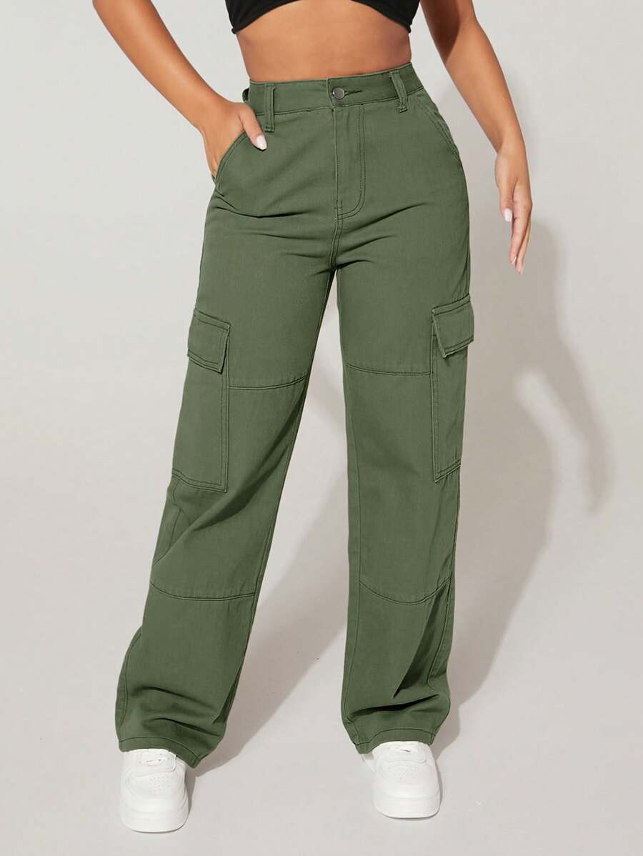 SHEIN PETITE Quần jean công sở dáng rộng vừa vặn dành cho nữ với chân thẳng và túi - xanh quân đội - Xem 1