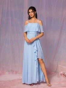 SHEIN Belle Elegante vestido de dama de honor con hombros descubiertos, mangas abullonadas, volantes asimétricos a un lado y abertura alta hasta el muslo, de tela de gasa azul para eventos formales como bodas - Azul - Ver 5
