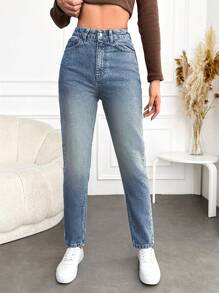 EURMUSE High Waisted Tapered Leg Jeans - Medium Wash - View 3
