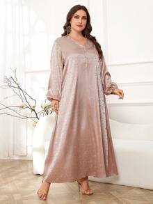 Al Najma Vestido largo de manga larga de unicolor simple para uso diario de talla grande para señoras árabes - Caqui - Ver 5