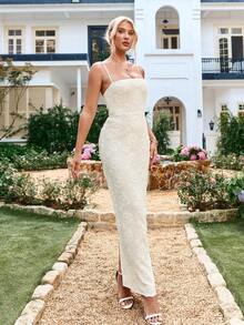 Backless Split Stereo Flower Embroidery Bodycon Cami Elegant Formal Evening Gowns - Apricot - View 4