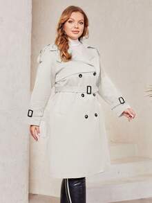 Plus Size Solid Color Double-Breasted Waistband Casual Trench Coat - Beige - View 3
