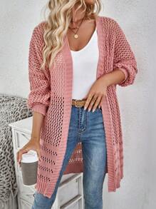 SHEIN LUNE Long Hollow-Out Light Pink Knitted Cardigan, Suitable For Early Autumn - Dusty Pink - View 2