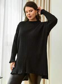 EURMUSE Plus Size Asymmetrical High-Low Split Hem Sweater - Black - View 4