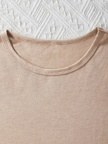 SHEIN Explorewe 青少女夏季時尚休閒圓領短袖T恤，帶有字母和棕櫚樹印花 - 卡其色 - 查看 3