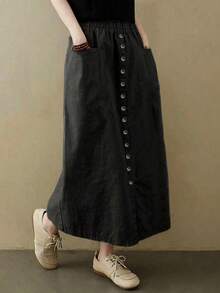 Women's Spring/Summer Casual Solid Color Front Button Double Pocket Long Skirt