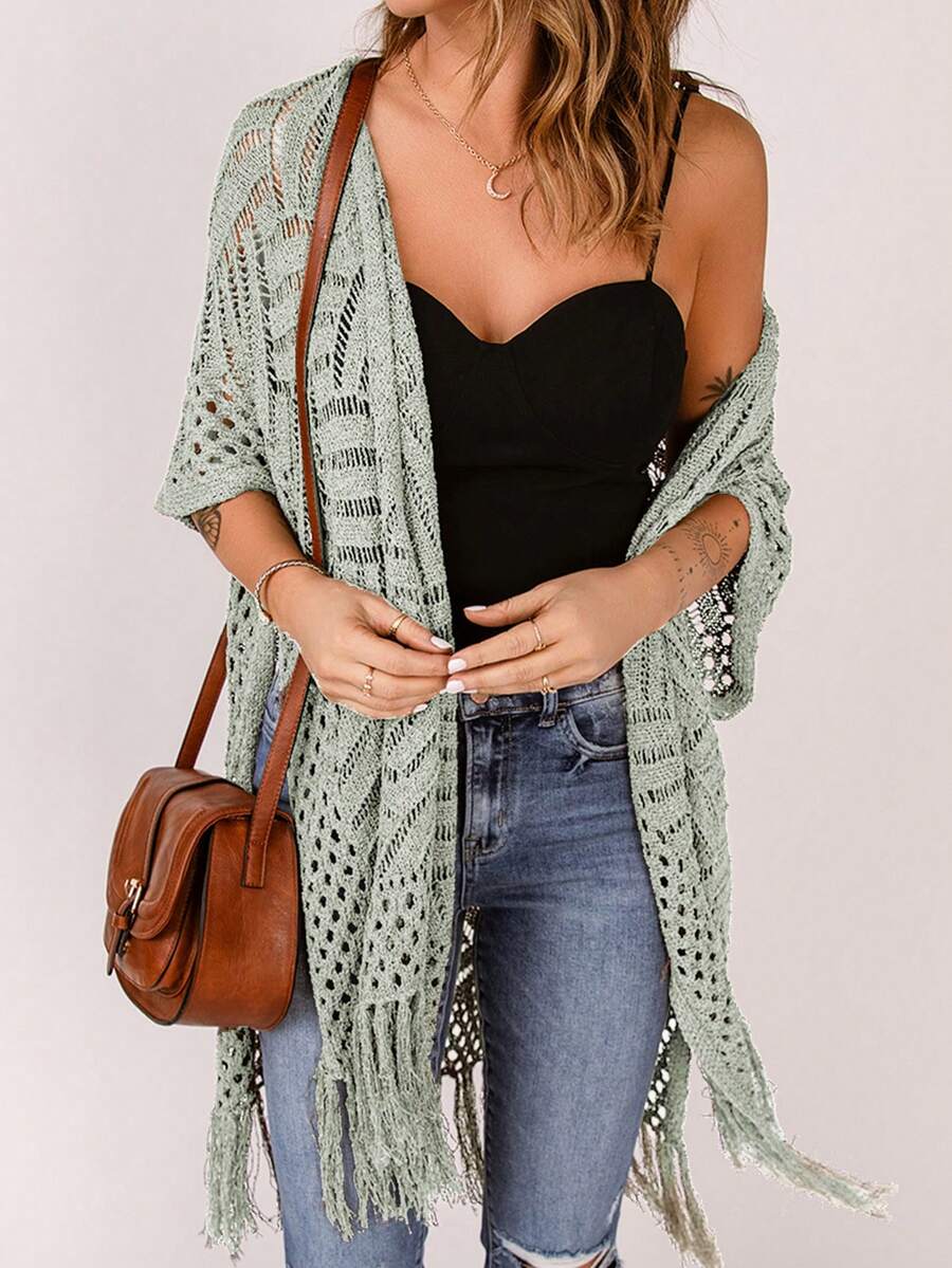 Acelitt Women's Solid Color Simple Daily Tassel Decoration Kimono Cover Up Casual Vacation Beach - Grey - View 1