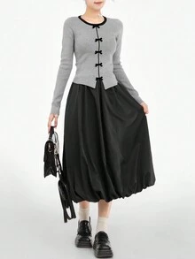 Áo len dài tay họa tiết nơ 3D tương phản màu sắc sang trọng tôn dáng cho nữ, mùa thu, mặc hàng ngày, hẹn hò, đi làm, Giáng sinh - Xám - Xem 5