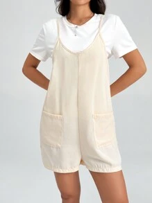 SHEIN PETITE Women's Solid Color Simple Daily Tank Jumpsuit - Apricot - View 4