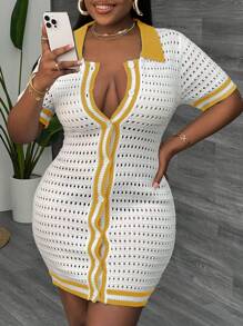 Slaydiva Große Größen Urlaub, Alltags- und eleganter sexy figurbetonter Kurzarm Hemd-Stil Cardigan, Farbblockdesign, gestrickt mit Hohlraumdesign Damen Mini Pulloverkleid, Frühling & Sommer - Gelb - Übersicht 7