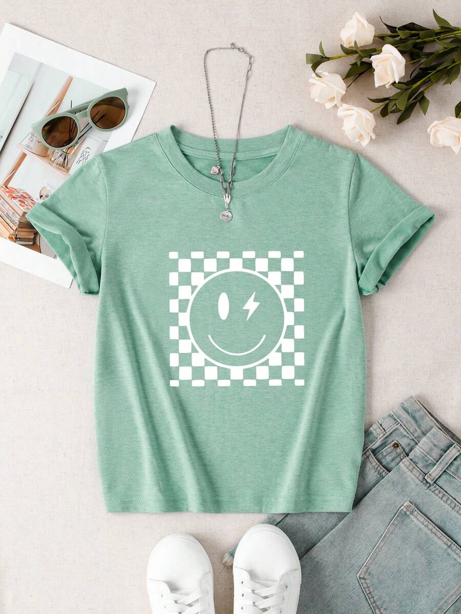青少女棋盤格微笑臉圖案短袖圓領休閒T恤，夏季款 - 薄荷綠 - 查看 1