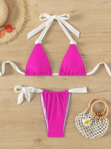 SHEIN Swim Bộ bikini dây đeo màu sắc tương phản đi biển mùa hè dành cho nữ - Màu Hồng Tươi - Xem 1