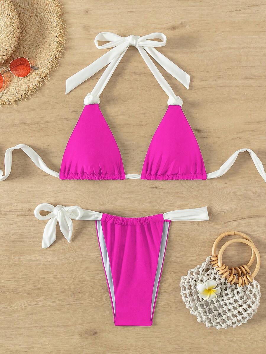 SHEIN Swim Bộ bikini dây đeo màu sắc tương phản đi biển mùa hè dành cho nữ - Màu Hồng Tươi - Xem 1