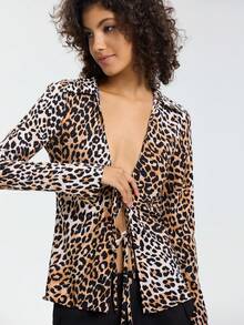 Leopard Print Tie Front Long Sleeve Shirt