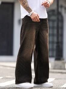 Manfinity Homme Pantaloni de denim cu picior largi pentru bărbați, retro, vintage, mărimi mari, blugi cargo largi, lungi, învechiți, gri închis, pentru soț, cadouri pentru iubit - Spălare întunecată - Vizualizare 5