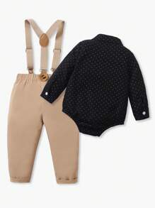 2 件套幼儿波尔卡圆点长袖领结衬衫搭配工装裤，绅士装，适合日常休闲装、表演装、派对装、万圣节装、圣诞节装、宝宝的第一个母亲节装、家庭装