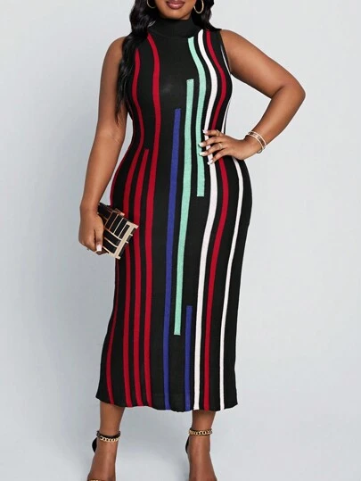 SHEIN Lady Women's Plus Size Business Professional Multicolor Asymmetrical Pride Stripe Long Knitted Sweater Dress With Stand Collar