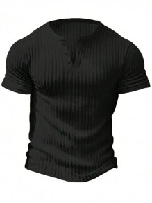 Men's Solid Color Button Placket Short Sleeve Casual T-Shirt