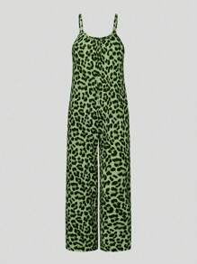 SHEIN LUNE Women's Leopard Print Jumpsuit With Spaghetti Straps - Green - View 4