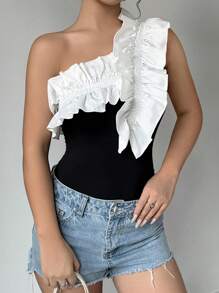 Chiquease Women's Asymmetrical Neckline Ruffle Trimmed Slimming Elegant Bodysuit - Black and White - View 6