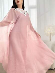Modelyn Appliques Cloak Sleeve Dress & Mock Neck Dress 2 Pieces Set - Pink - View 4