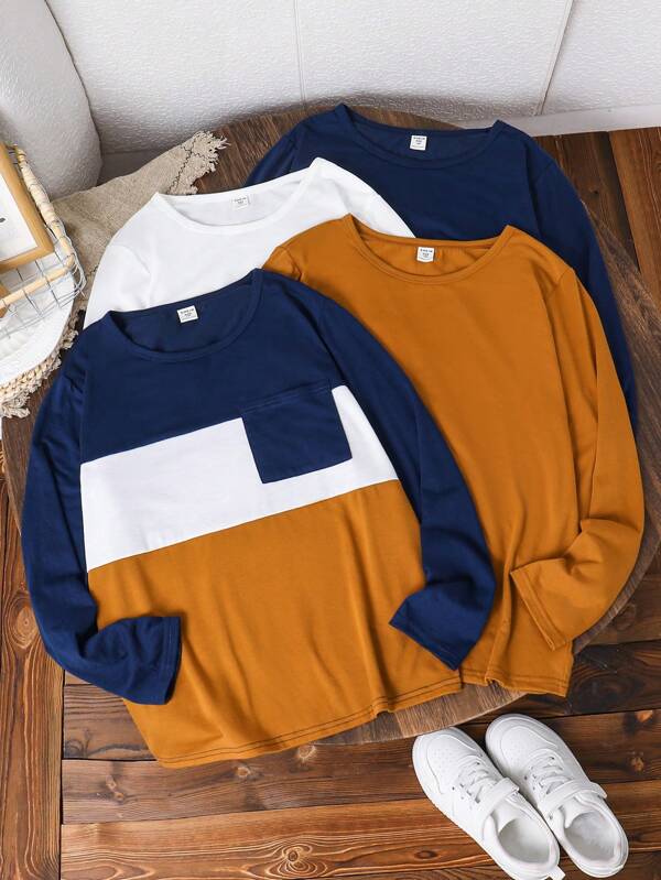SHEIN Kinder Tween Jungen in erweiterter Größe, lässiges Farbblock Rundhals Kurzarm-Strick-T-Shirt, mehrfarbiges 4 Packung (je eine Farbe)
