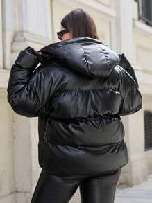 RueChic Plus Women's Drop Shoulder Zip Up Hooded PU Puffer Coat - Black - View 2