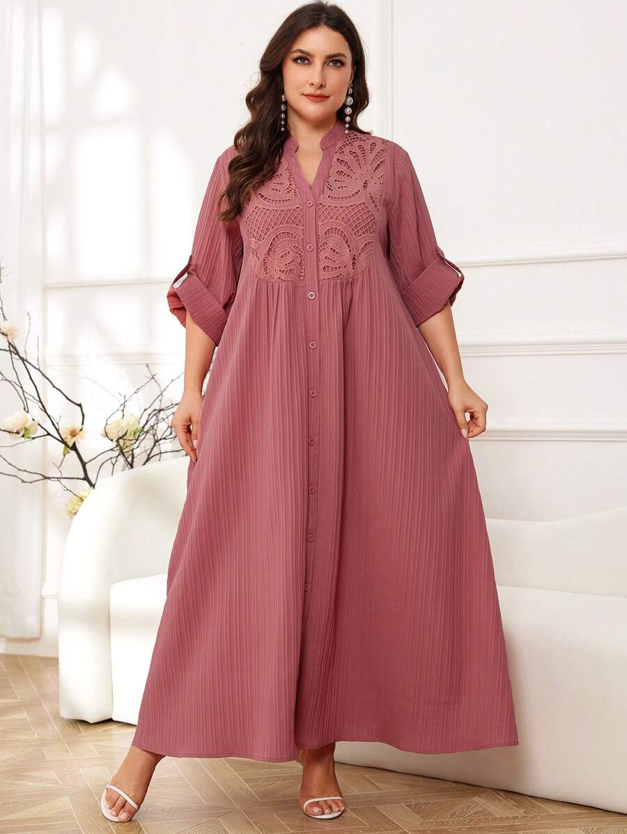 Seusyu Plus Contrast Embroidery Roll Tab Sleeve Modest Dress For Summer - Pink - View 1