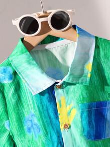 Young Boys Casual Artistic Graffiti Colorful Floral Shirt And Denim Shorts Set, Spring/Summer Vacation Outfits