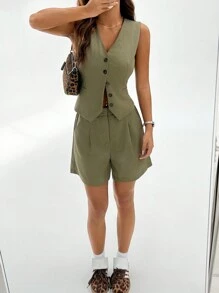 SHEIN EZwear Women's Solid Color Simple Daily Vest Suit - Green - View 5