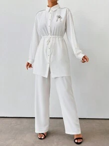 EURMUSE Burgundy Chic Two-Piece Outfit - White - View 1