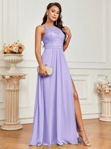 SHEIN Belle Sleeveless Round Neck Lace Insert Bridesmaid Dress With Back Zipper And Side Slit, A-Line, Adult Size Elegant Dress, For Valentine's Day - Violet Purple - View 5