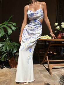 SHEIN VCAY Fall Floral Print Women's Spaghetti Strap Cut-Out Backless Bodycon Dress For Wedding Or Vacation