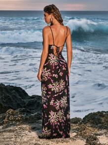 Opulessa 女性度假沙灘全印花斜領細肩帶無背帶連衣裙 - 黑色 - 查看 1