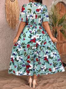 Breezaya Vestido de mangas abullonadas con cuello en V y estampado floral para talla grande