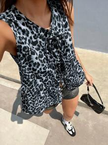 SHEIN EZwear Camiseta de muñeca sin mangas tejida casual con estampado de leopardo para verano - Gris - Ver 4