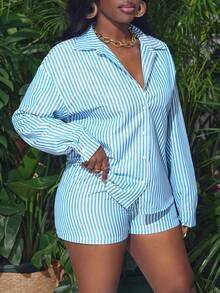 Slaydiva Einfaches, bequemes Set für Damen bestehend aus blau gestreiftem langärmeligem Oberteil und elastischer blau gestreifter Shorts, locker geschnitten, 2-teilig