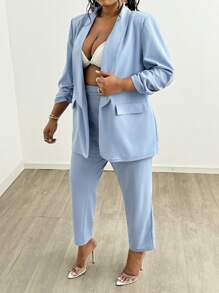 SHEIN SXY Cộng với áo khoác và quần hở phía trước rắn cho trang phục hàng ngày - Màu xanh lam - Xem 3