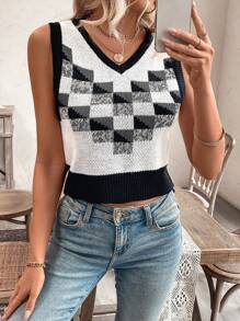 SHEIN LUNE Women's Plaid Pattern Color Block V-Neck Knitted Sweater Vest