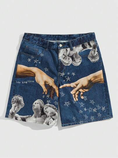 Street Life Herren Denim Shorts mit Taschen und Gesten- und Buchstaben Muster, Lässig, Schule