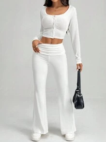 SHEIN PETITE 白色 Y2k 纯色褶皱喇叭裤 喇叭紧身裤 - 白色 - 查看 7