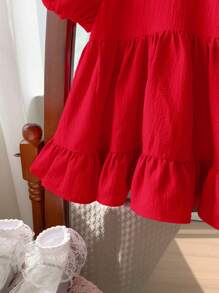 SHEIN LMoss Kids LMoss Baby Girl 可爱休闲女婴夏季泡泡袖宽松纯色纹理设计连衣裙 - 紅色 - 查看 6