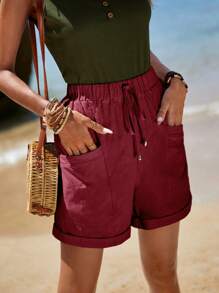 EMERY ROSE 夏季系帶卷邊短褲 - 酒紅色 - 查看 1