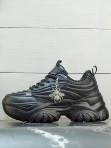 女士黑色運動鞋，防污搖滾風格，配時尚蜂編掛飾，楔形跟和厚底，戶外休閒鞋，厚實運動風，圓頭，鞋帶式，防滑，耐磨，具有減震功能，平緩舒適，輕盈，透氣網布，快速乾燥，適合慢跑、散步、徒步旅行、日常穿著、學校、工作、開車、旅遊等 - 黑色 - 查看 8