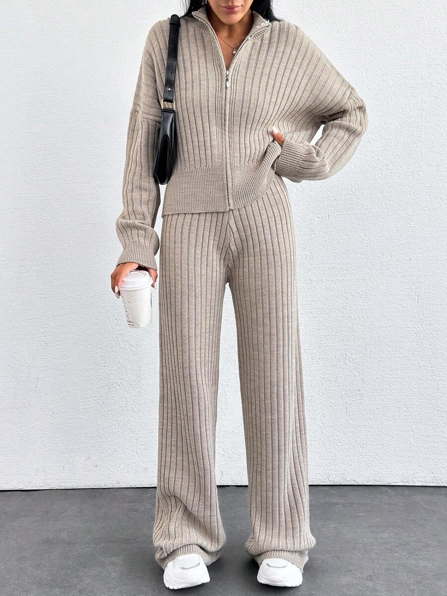 EURMUSE Drop Shoulder Zip Up Cardigan & Knit Pants - Beige - View 1