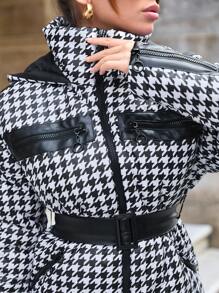 RueChic Houndstooth Pattern Puffer Coat With Zipper And 2 Pocket - Black and White - View 10