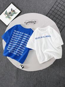 SHEIN 2 chiếc bé trai thể thao thông thường phong cách đường phố đi nghỉ mát in hình tiếng Anh áo thun ngắn tay cổ tròn thả dáng rộng rãi (1 xanh + 1 trắng), thích hợp mặc hàng ngày, đi học, du lịch, thể thao, Xuân/Hè - Màu xanh lam - Xem 10